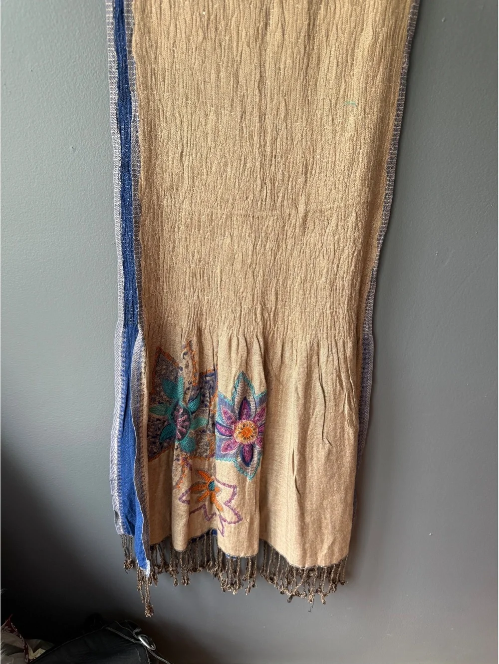 Bohemian Style Two-Tone Scarf/shawl with Floral Embroidery and Fringe